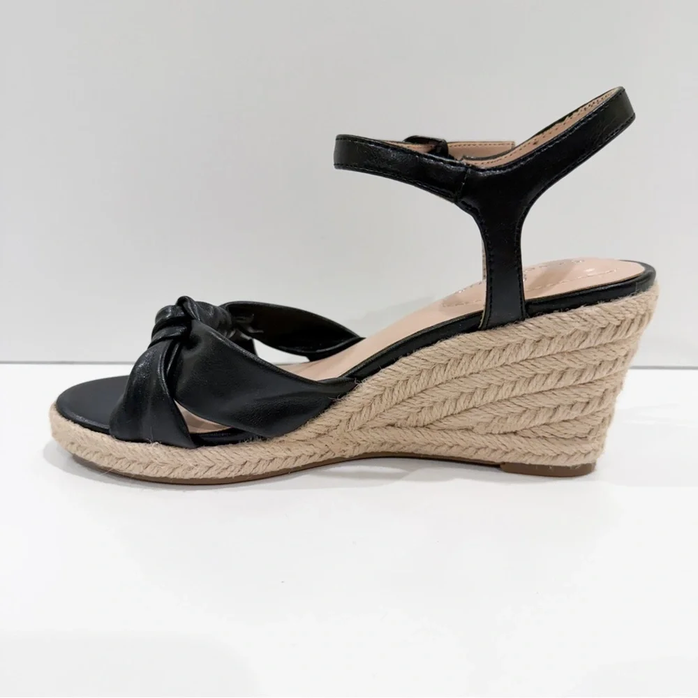 Bandolino Justyne Espadrille Wedge Sandal Knot Ankle Strap Jute Heel Black 5 NEW